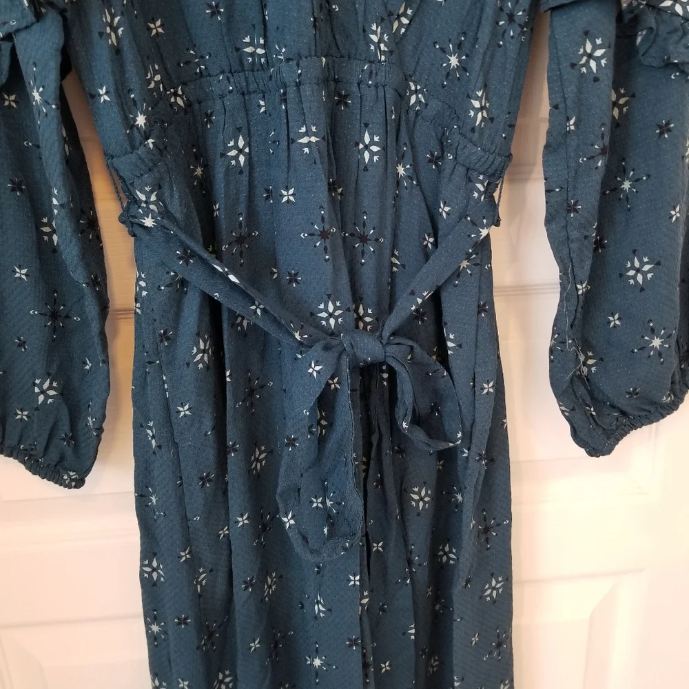 Teal Stamp Print Flutter Long Sleeve Faux Wrap Dress - Knox Rose - Picture 2 of 8